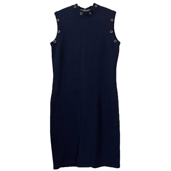 Vtg Fianona Knit 2 Pc Set Jacket Dress Grommet Studded Navy Blue Gold Size M - Picture 3 of 11